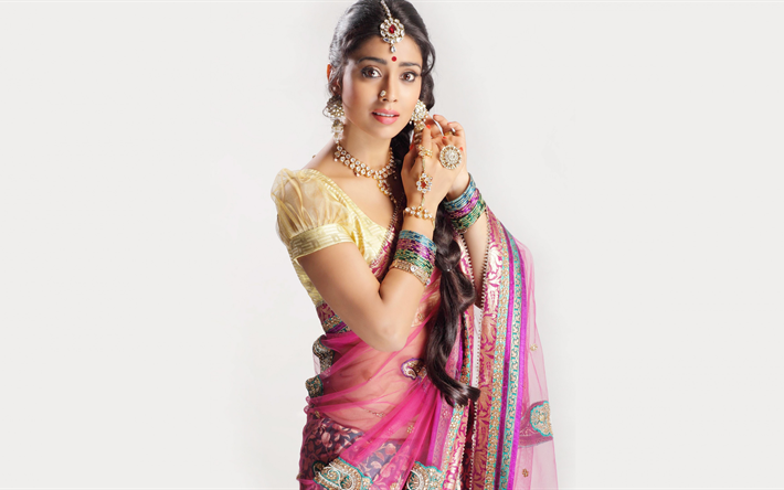 4k, Shriya Saran, Sari, Hint aktris, g&#252;zellik, Bollywood