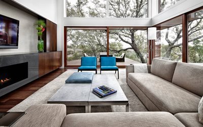 Living room, modern design, lounge interior, fireplace, modern interiors