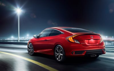 Honda Civic Coupe Sport, 2019, rear view, red coupe, exterior, new red Civic Coupe, Japanese cars, Honda