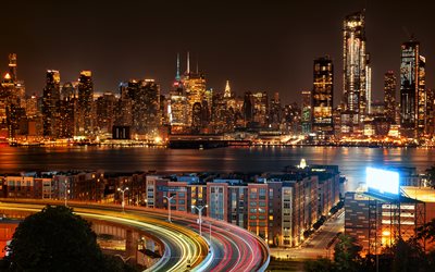 New York City, 4k, panorama, traffic lights, Manhattan, NYC, cityscapes, nightscapes, New York, USA, America