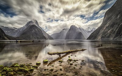 paesaggio di montagna, baia, rocce, mattina, Nuova Zelanda