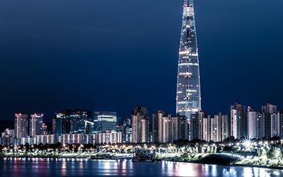 Se&#250;l, 4k, edificios modernos, Lotte World Tower, r&#237;o Han, paisajes nocturnos, Corea del Sur