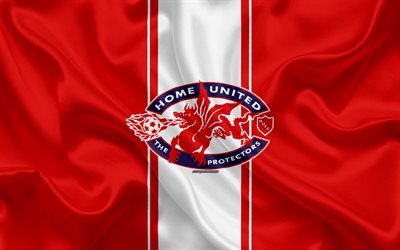 Home United FC, 4k, ipek doku, Singapur Futbol Kul&#252;b&#252;, logosu, amblemi, kırmızı beyaz ipek bayrak, Singapur Premier Ligi, S-League, Singapur, futbol