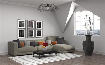 living room, modern stylish interior, gray large sofa, large black vase, gray stylish interior