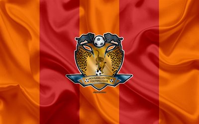 Hougang United FC, 4k, textura de seda, Cingapura futebol clube, logo, emblema, laranja vermelha de seda bandeira, Singapura Premier League, S-League, Singapura, futebol