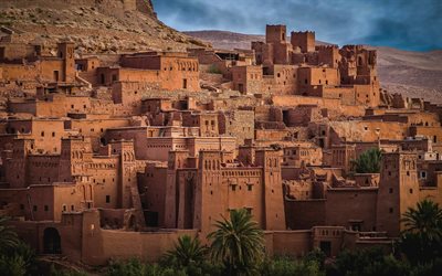 Kasbah of Tifoultoute, Warzazat, ancient city, fortress, evening, sunset, Ajt Bin Haddu, Morocco, Ouarzazate Province