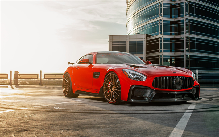 Mercedes-AMG GT S, 2018, red sports coupe, tuning, front view, new red GT S, German supercars, Mercedes