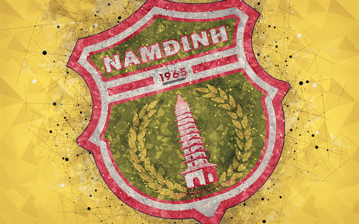 Nam Dinh FC, 4k, arte geometrica, logo, sfondo giallo, Vietnamita football club, V-League 1, Namdin, Vietnam, calcio