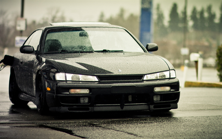 Nissan Silvia S14, black sports coupe, tuning Silvia, black S14, Japanese sports cars, refueling cars concept, Nissan