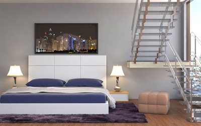 elegante e moderna camera da letto, arredamento di design, scala interna con gradini in cristallo, camera da letto