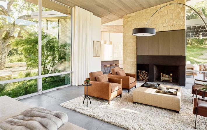 sala de estar, Estilo escandinavo, lareira, poltronas, grande sof&#225;, um design interior moderno