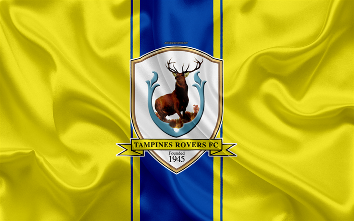 Tampines Rovers FC, 4k, silkki tekstuuri, Singaporelaisen football club, logo, tunnus, keltainen sininen silkki lippu, Singapore Premier League, S-Liigan, Singapore, jalkapallo