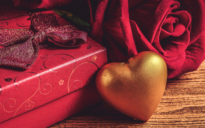 coraz&#243;n de oro, regalo, rojo de la caja de regalo, cintas de seda, regalo rom&#225;ntico, D&#237;a de san valent&#237;n