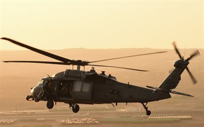 Sikorsky UH-60 Black Hawk, Amerikansk milit&#228;r helikopter, kv&#228;ll, sunset, helikopter i skyn, US Air Force, USA, Sikorsky