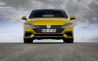 Volkswagen Arteon, 2018, R-Line, exterior, front view, golden Arteon, german cars, Volkswagen