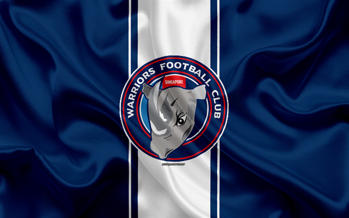 Warriors FC, 4k, silk texture, Singaporean football club, logo, emblem, blue silk flag, Singapore Premier League, S-League, Singapore, football