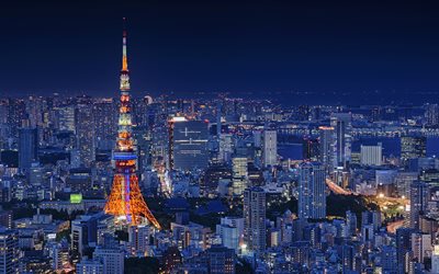 Tokyo Tower, 4k, stadsbilder, TV-tornet, Tokyo, natt, Nippon Television City, Minato, Japan, Asien
