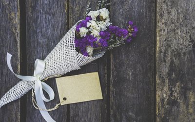 romantic bouquet, purple carnations, white carnations, empty paper sticker, beautiful flowers
