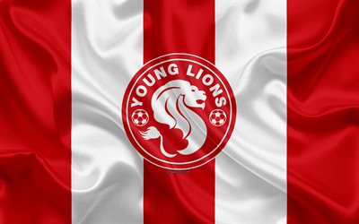 Young Lions FC, 4k, silk texture, Singaporean football club, logo, emblem, red white silk flag, Singapore Premier League, S-League, Singapore, football