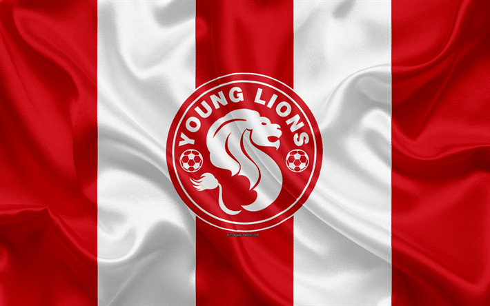 若いライオンズFC, 4k, シルクの質感, シンガポールサッカークラブ, ロゴ, エンブレム, 赤白絹の旗を, シンガポールプレミアリーグ, Sリーグ, シンガポール, サッカー