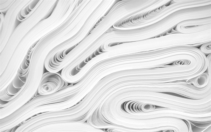rouleaux de papier blanc, 4k, papier rouleaux textures, fond avec rouleaux de papier, rouleaux de papier