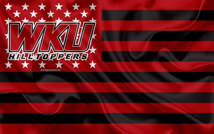 L&#228;nsi Kentucky Hilltoppers, Amerikkalainen jalkapallojoukkue, luova Yhdysvaltain lippu, punainen musta lippu, NCAA, Bowling Green, Kentucky, USA, L&#228;nsi Kentucky Hilltoppers logo, tunnus, silkki lippu, Amerikkalainen jalkapallo