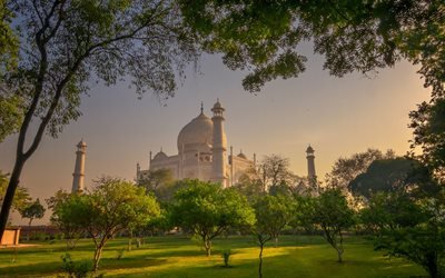Taj Mahal, Agra, mausoleum, kv&#228;ll, solnedg&#229;ng, landm&#228;rke, Uttar Pradesh, Indien