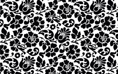 4k, black floral background, vintage floral pattern, floral ornaments, background with ornaments, floral patterns, black backgrounds