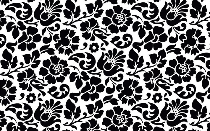 4k, fond floral noir, motif floral vintage, ornements floraux, fond avec ornements, motifs floraux, arri&#232;re-plans noirs