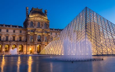 Louvre, Paris, evening, sunset, palace, fountain, Paris landmark, France, Louvre Museum