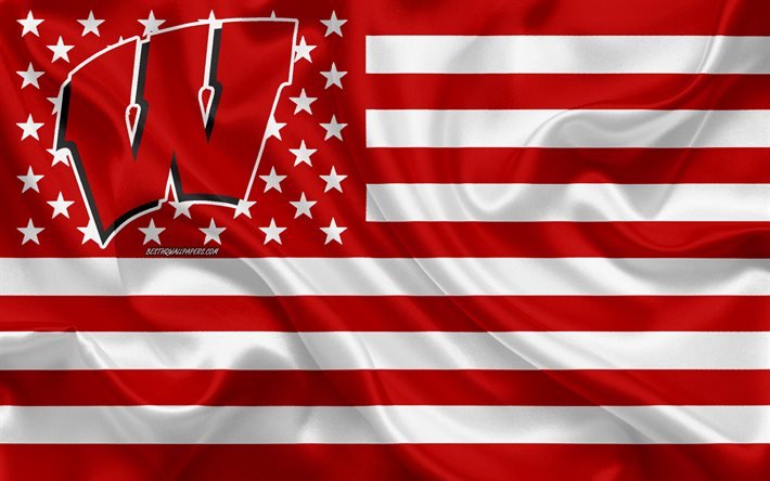 Badgers du Wisconsin, &#233;quipe de football am&#233;ricain, drapeau am&#233;ricain cr&#233;atif, drapeau rouge et blanc, NCAA, Madison, Wisconsin, Etats-Unis, Wisconsin Badgers logo, embl&#232;me, drapeau de soie, football am&#233;ricain