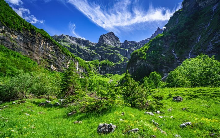 Alpes, klippor, berglandskap, sommar, klyfta, Haute-Savoie, Frankrike
