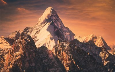 Himalaya, Mount Everest, Chomolungma, kv&#228;ll, solnedg&#229;ng, bergslandskap, klippor, Zhumulangma