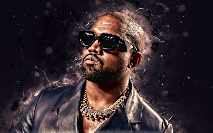 Kanye West, 4k, violetti neonvalot, amerikkalainen r&#228;ppari, luova, musiikin t&#228;hdet, Kanye Omari West, amerikkalainen julkkis, Kanye West 4K