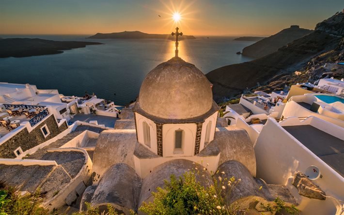 Santorini, H&#228;n, Thira, kirkko, illalla, Egeanmeren, romanttinen kaupunki, merimaisema, Kreikka