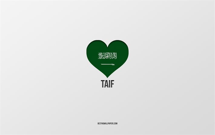 Taif&#39;i Seviyorum, Suudi Arabistan şehirleri, Taif G&#252;n&#252;, Suudi Arabistan, Taif, gri arka plan, Suudi Arabistan bayraklı kalp, Taif&#39;i seviyorum