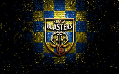 Kerala Blasters FC, glitter logo, ISL, blue yellow checkered background, soccer, indian football club, Kerala Blasters logo, mosaic art, football, FC Kerala Blasters, India