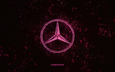 Mercedes-Benz glitter logo, 4k, black background, Mercedes-Benz logo, pink glitter art, Mercedes-Benz, creative art, Mercedes-Benz pink glitter logo, Mercedes logo