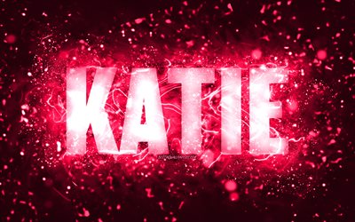 Happy Birthday Katie, 4k, pink neon lights, Katie name, creative, Katie Happy Birthday, Katie Birthday, popular american female names, picture with Katie name, Katie