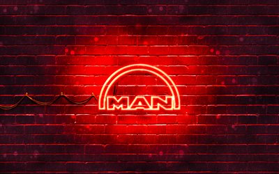 MAN red logo, 4k, red brickwall, MAN logo, brands, MAN neon logo, MAN