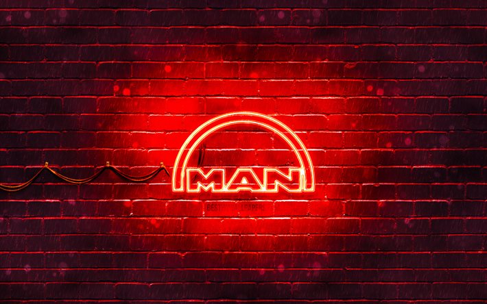 MAN kırmızı logo, 4k, kırmızı brickwall, MAN logo, markalar, MAN neon logo, MAN