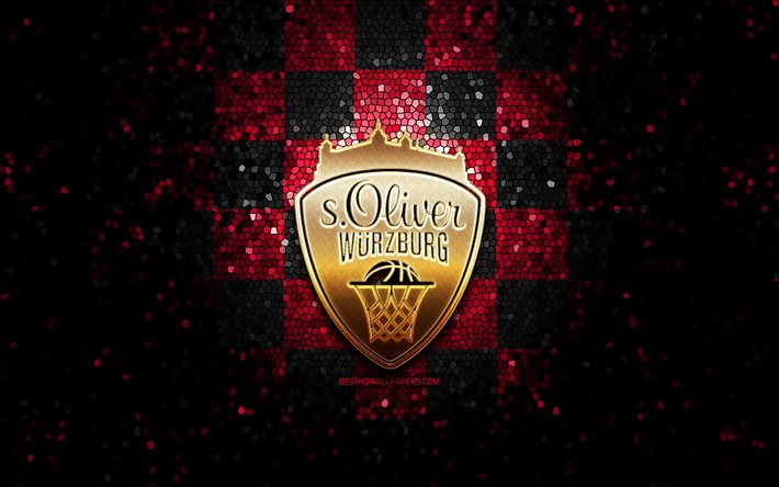 sOliverヴュルツブルク, キラキラロゴ, バレル, 紫黒市松模様の背景, バスケットボール, ドイツのバスケットボールクラブ, sOliverヴュルツブルクのロゴ, モザイクアート, バスケットボールブンデスリーガ