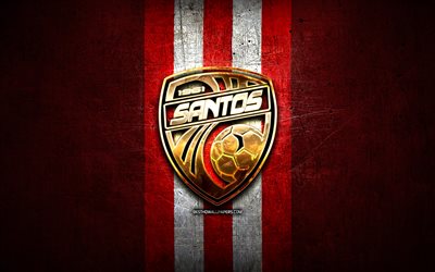 Santos DG, golden logo, Liga FPD, red metal background, football, Costa Rican football club, Santos DG logo, soccer, Costa Rica Primera Division, AD Santos de Guapiles