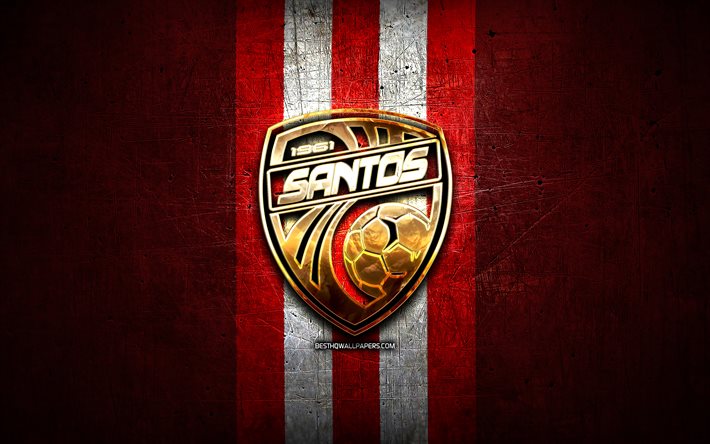 Santos DG, golden logo, Liga FPD, red metal background, football, Costa Rican football club, Santos DG logo, soccer, Costa Rica Primera Division, AD Santos de Guapiles