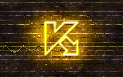Kaspersky sarı logo, 4k, sarı brickwall, Kaspersky logo, antivir&#252;s yazılımı, Kaspersky neon logo, Kaspersky