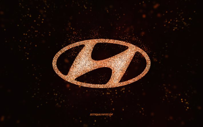 شعار هيونداي بريق, 4 ك, خلفية سوداء 2x, شعار هيونداي, الفن بريق البرتقال, هيونداي, فني إبداعي, شعار هيونداي البرتقالي اللامع