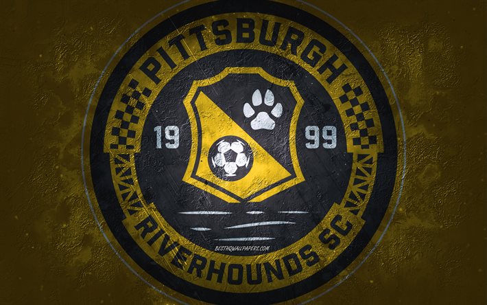 Pittsburgh Riverhounds SC, amerikansk fotbollslag, gul bakgrund, Pittsburgh Riverhounds SC -logotyp, grungekonst, USL, fotboll, Pittsburgh Riverhounds SC -emblem