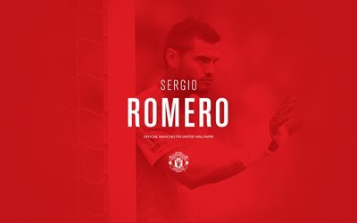 Sergio Romero, 2016, footballer, red background, football stars, Manchester United
