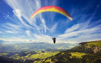 Paragliding, mountains, parachute, blue sky