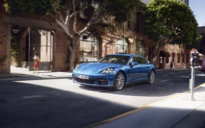 Porsche Panamera, el 4k, el movimiento, la velocidad, azul panamera